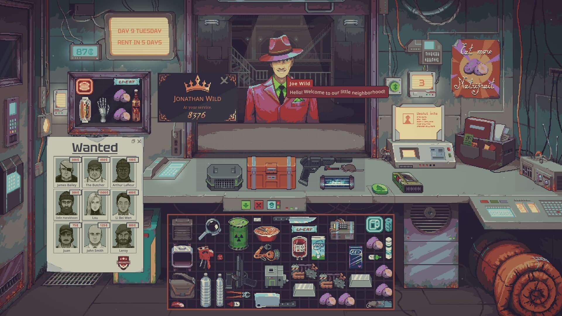 Official Probably Stolen media showing its cyberpunk shopkeeping world